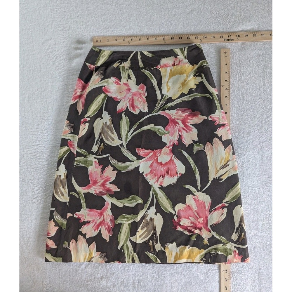 Vtg Talbots A-Line Skirt Brown Pink Floral Silk Cotton 6 Modest Feminine Office
